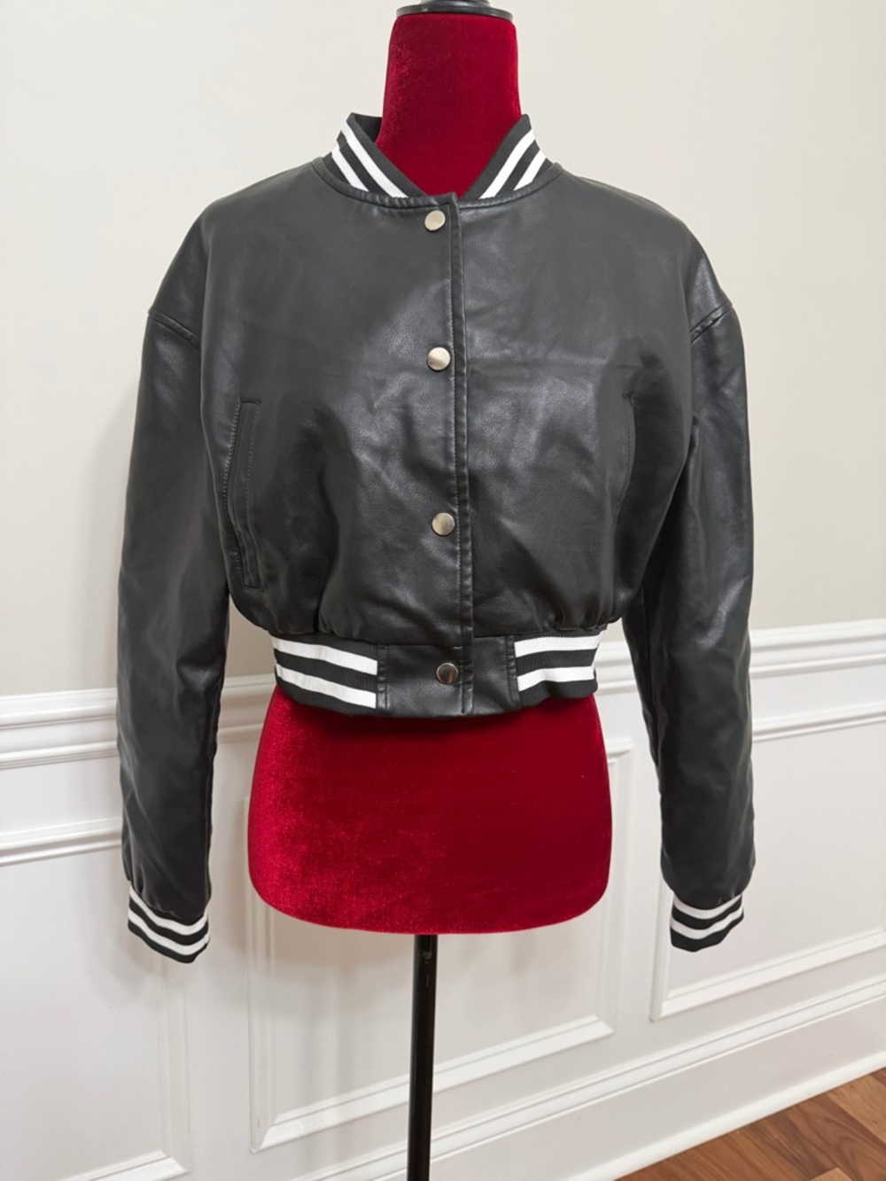 Daisy Black Cropped Bomber Jacket with Striped Trim